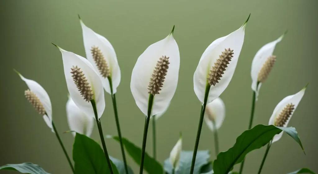 Multiple white blooms on a peace lily plant, showcasing its flowering potential.