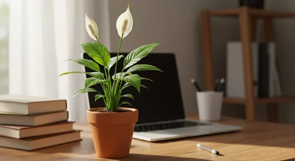 Small peace lily plant in a terracotta pot on a desk, perfect for beginners.