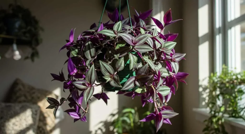 Close-up of a healthy Wandering Jew plant with essential care tips highlighted.