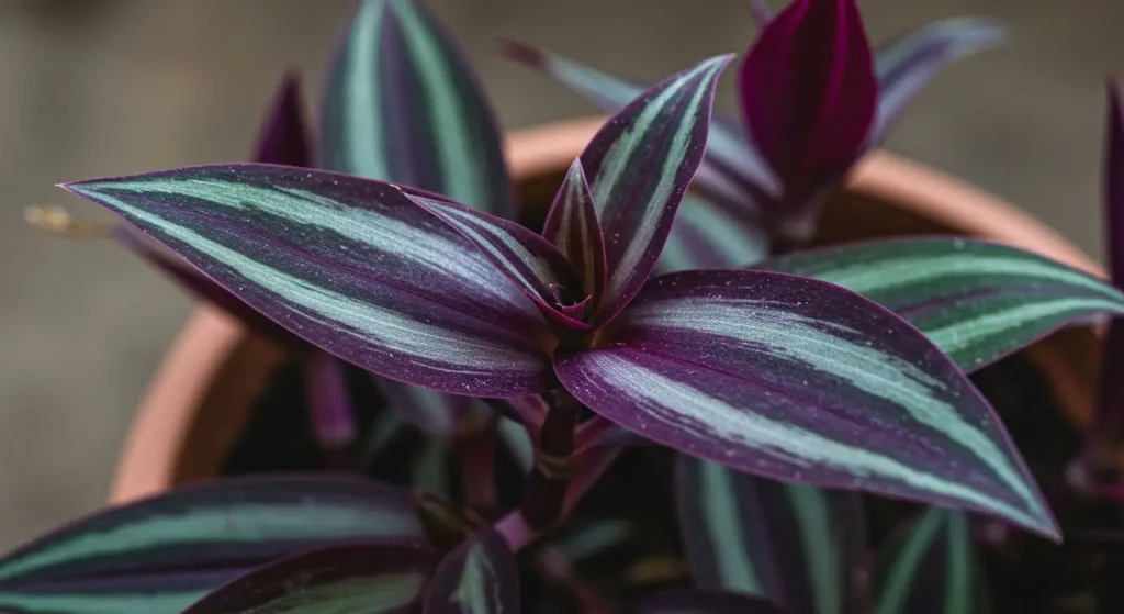 Close-up of a healthy Wandering Jew plant with essential care tips highlighted.