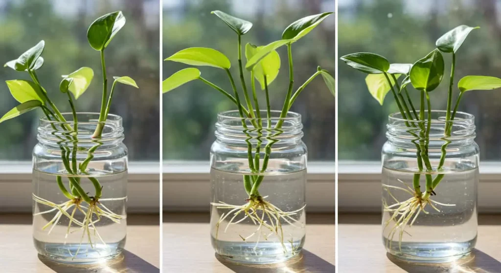 Wandering Jew plant propagation with a cutting in water showing root growth.