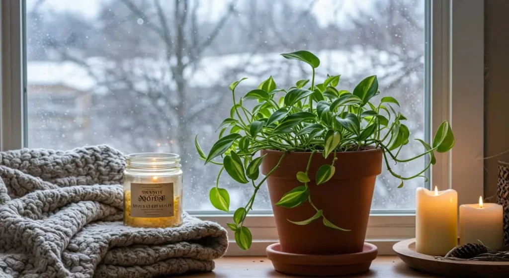 Wandering Jew plant care during winter with frosty window view.