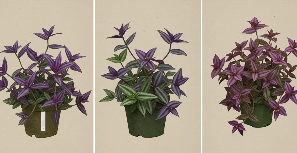 Varieties of Wandering Jew plants including Tradescantia zebrina, fluminensis, and pallida