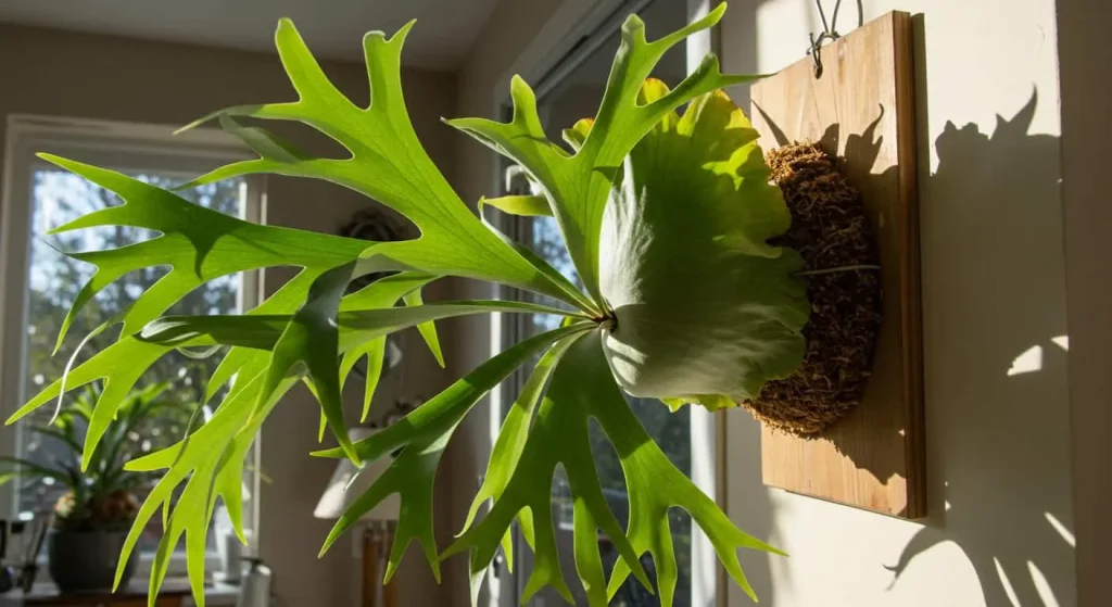 Mounted staghorn fern on a wooden board with vibrant green fronds and shield leaves.