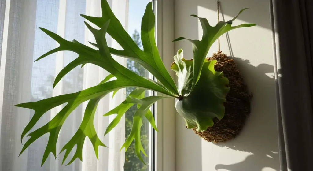 Mounted staghorn fern thriving in bright, indirect sunlight near a window.