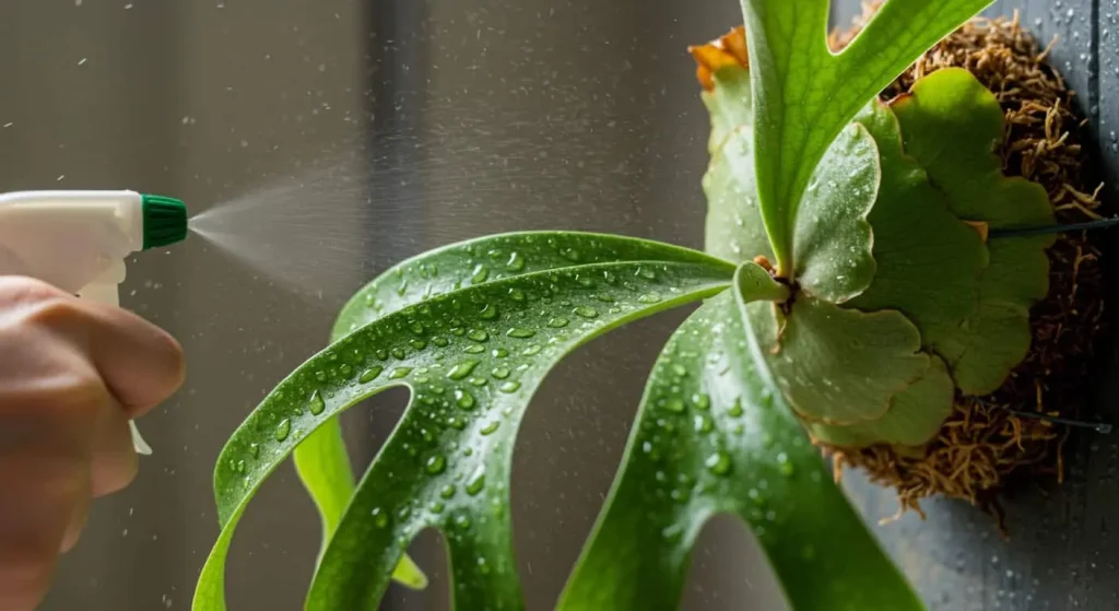 Close-up of a mounted staghorn fern being misted with water for hydration.