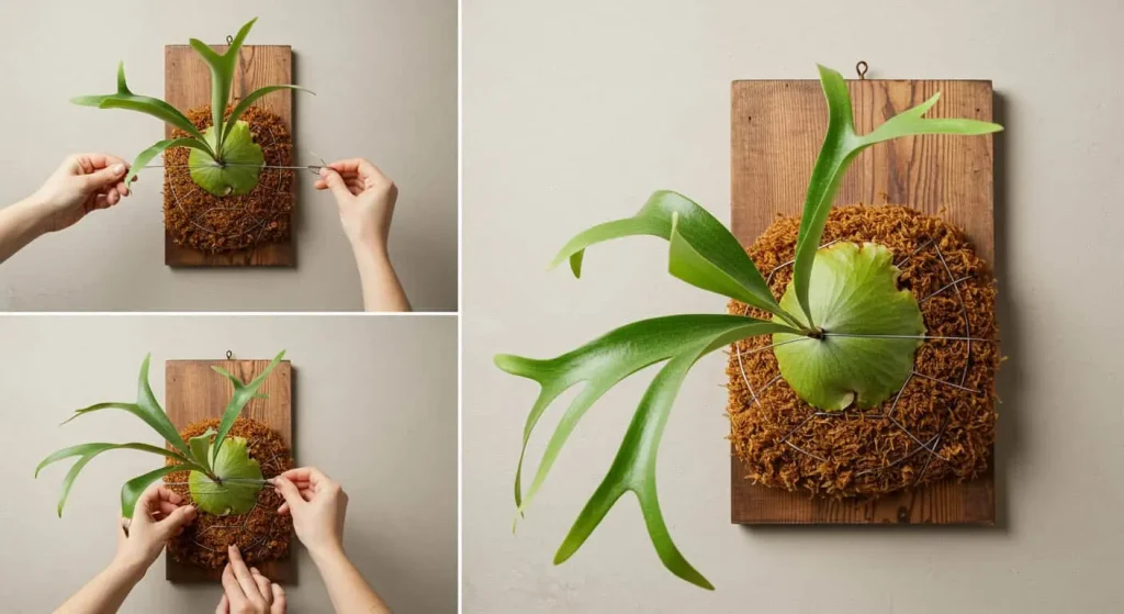 How to mount a staghorn fern on a wooden board with sphagnum moss.