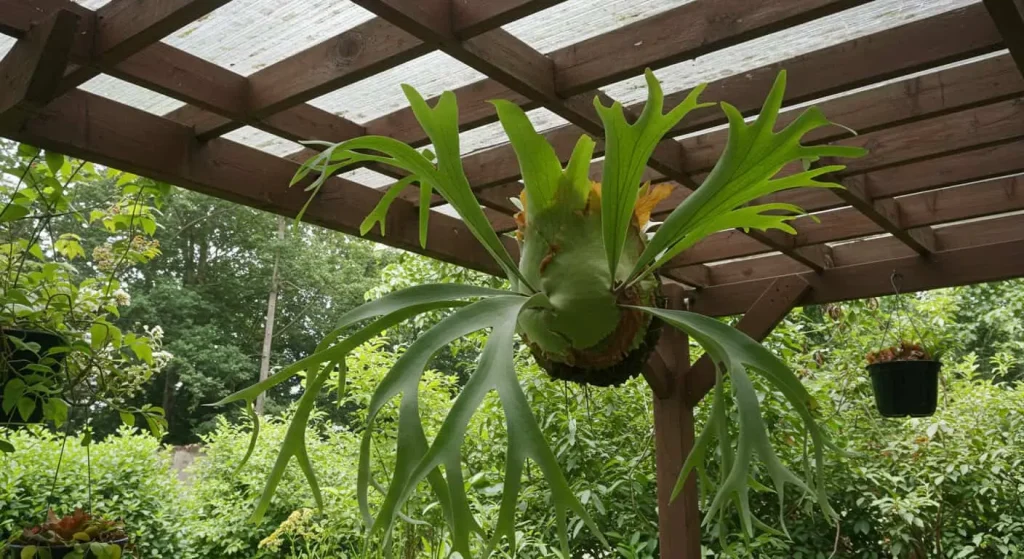 Mounted staghorn fern outdoors in summer under partial shade.