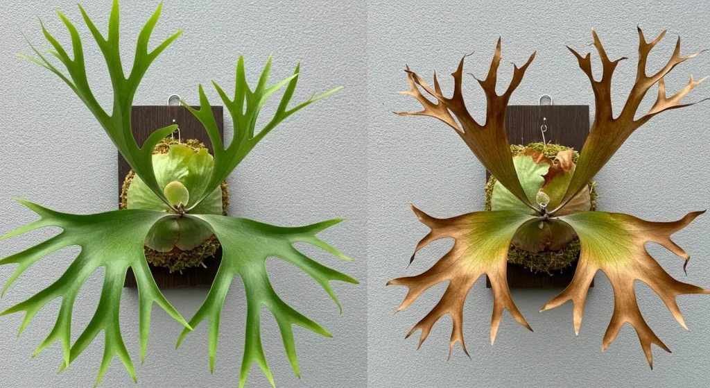 Healthy vs unhealthy mounted staghorn fern showing common care issues.