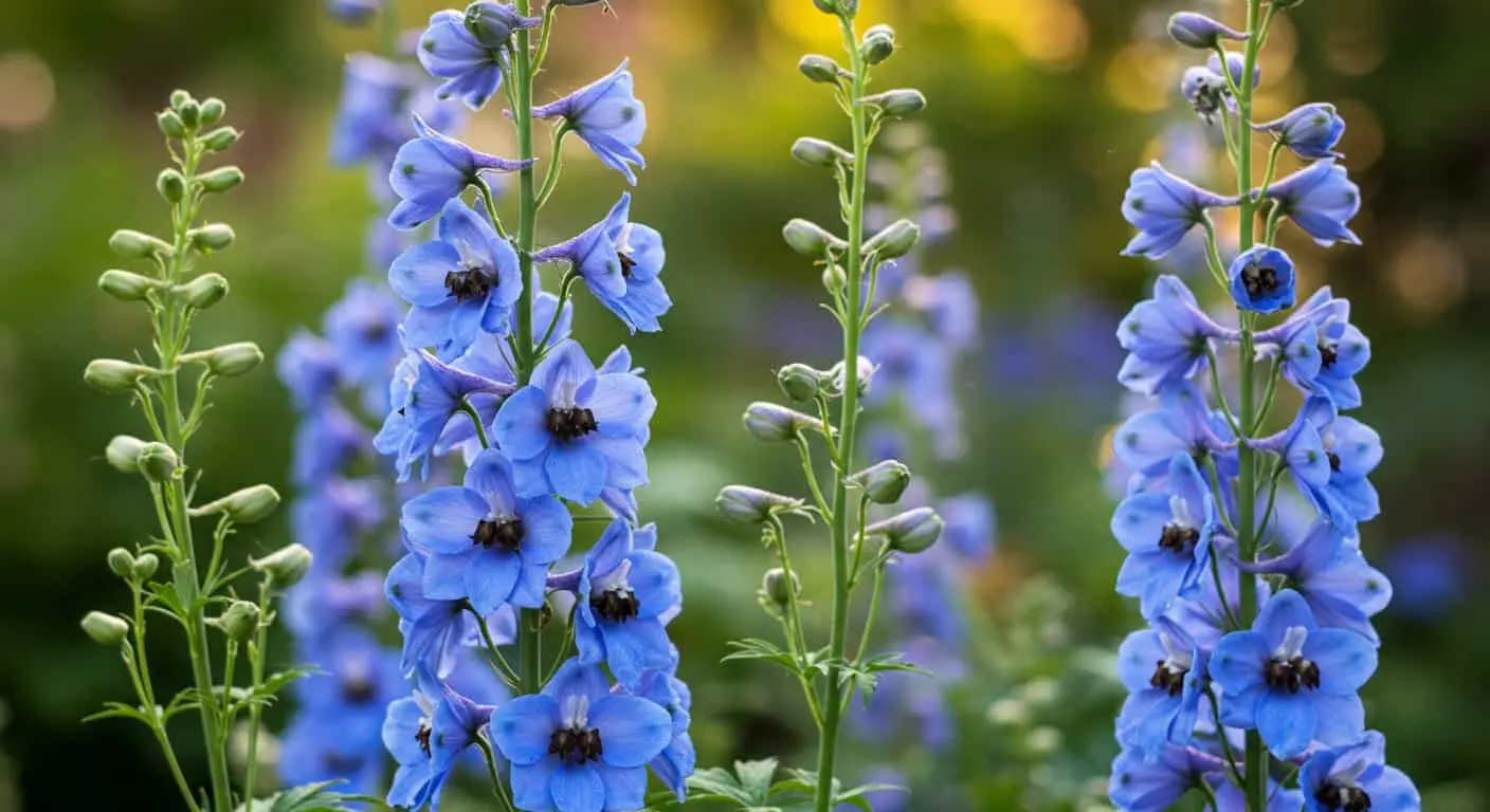 Stunning light blue delphinium flowers in full bloom with sunlight enhancing their vibrant hues.