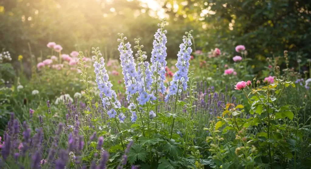 Cluster of light blue delphiniums in a lush garden setting, showcasing their height and elegance.