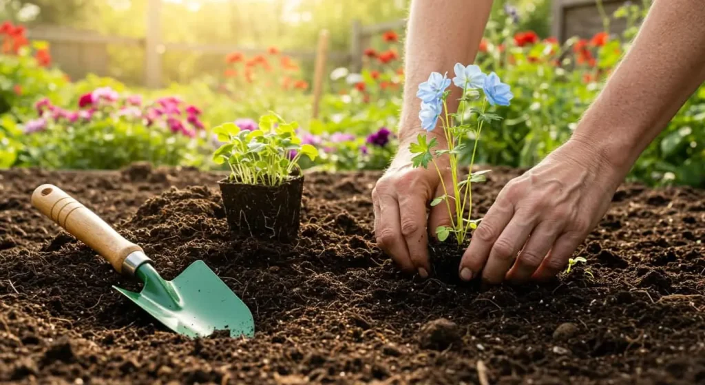 Gardener planting light blue delphinium seedlings in nutrient-rich soil under bright sunlight.