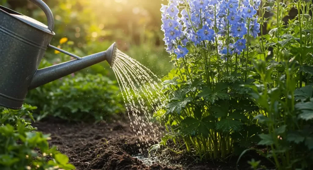 Watering light blue delphinium plants at the base to maintain healthy root systems.