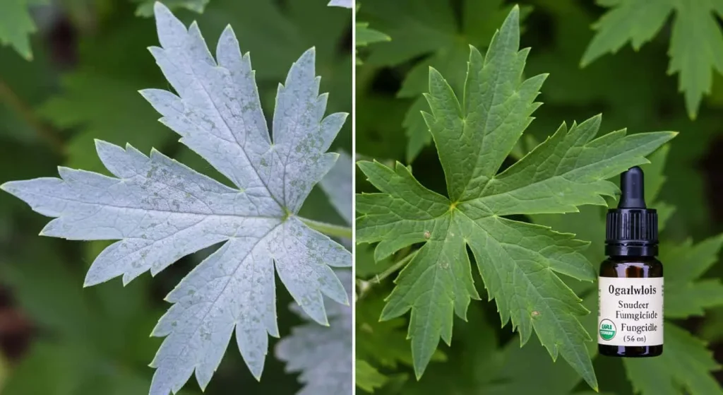 Comparison of a healthy light blue delphinium leaf and one affected by powdery mildew.