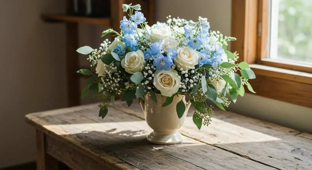 Romantic wedding bouquet featuring light blue delphiniums and complementary flowers.