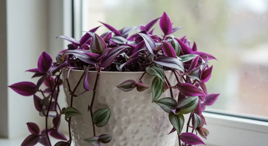 Close-up of a thriving Tradescantia Nanouk plant with rainbow-colored foliage in a white ceramic pot on a sunny windowsill.