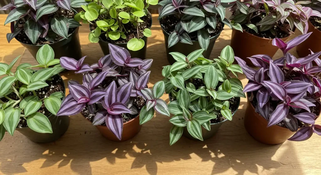 Comparison of Tradescantia Nanouk with Zebrina and Pallida, showcasing differences in leaf patterns and colors.