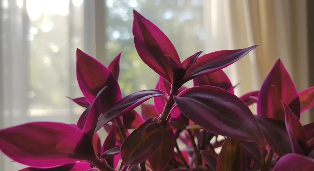 Tradescantia Nanouk plant thriving near a bright east-facing window with filtered morning sunlight.