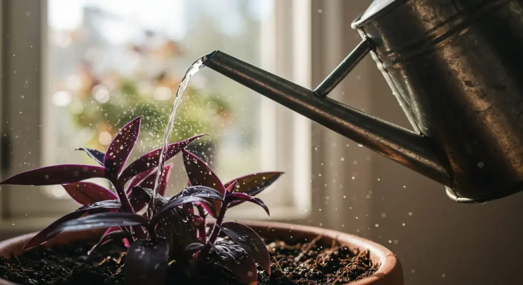 Watering a Tradescantia Nanouk plant while maintaining proper humidity levels.