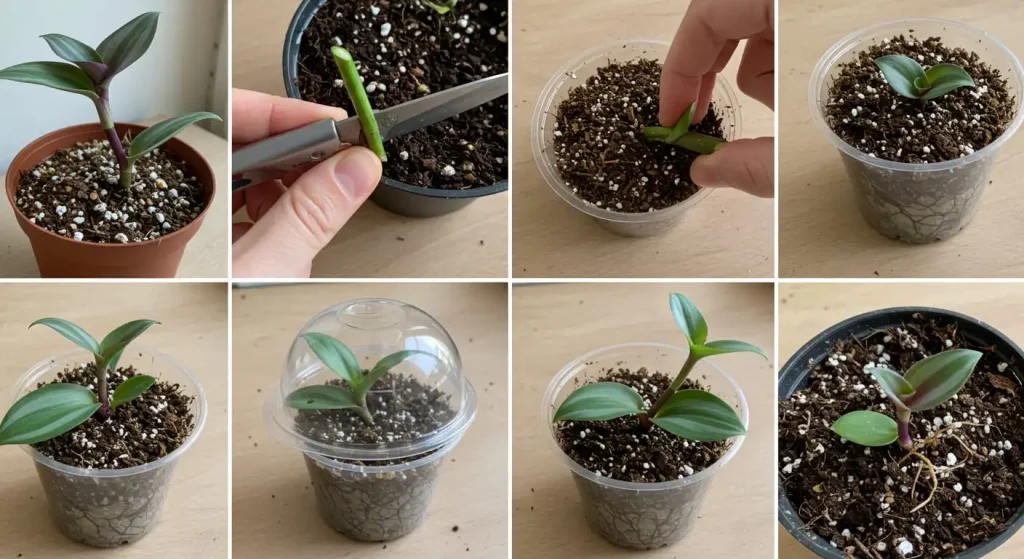 Tradescantia Nanouk stem cutting in water showing early root development during propagation.