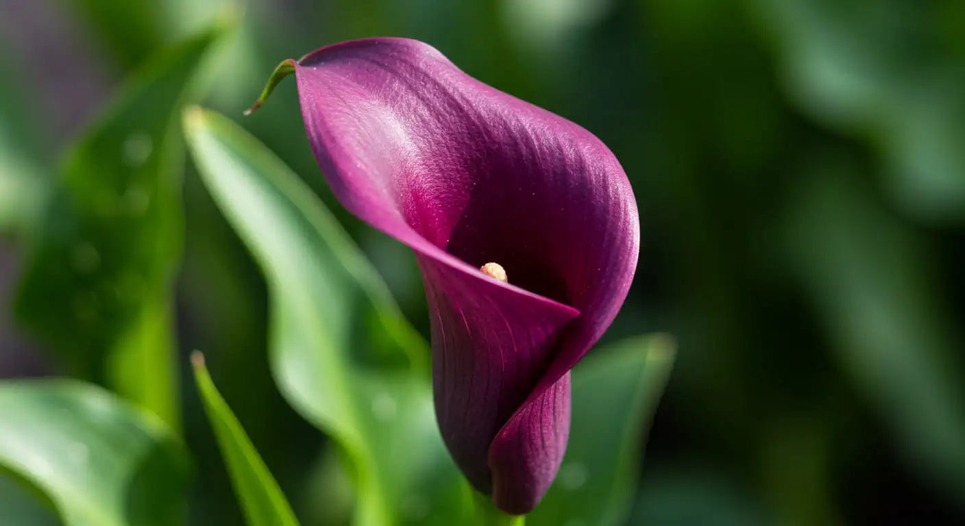 Stunning purple calla lily flower with a smooth, curved bloom and lush green leaves in soft focus.