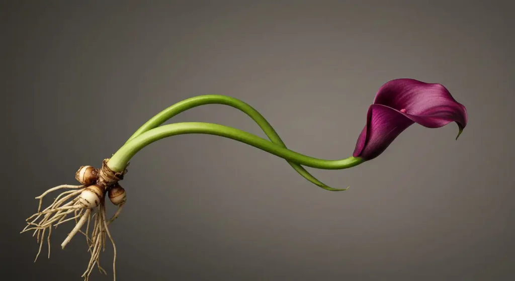 Diagram of a purple calla lily plant showing its rhizome, stem, and trumpet-shaped bloom.