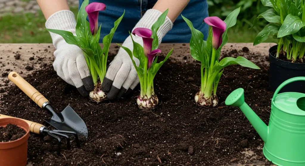 Hands planting purple calla lily rhizomes in well-draining soil with gardening tools nearby.