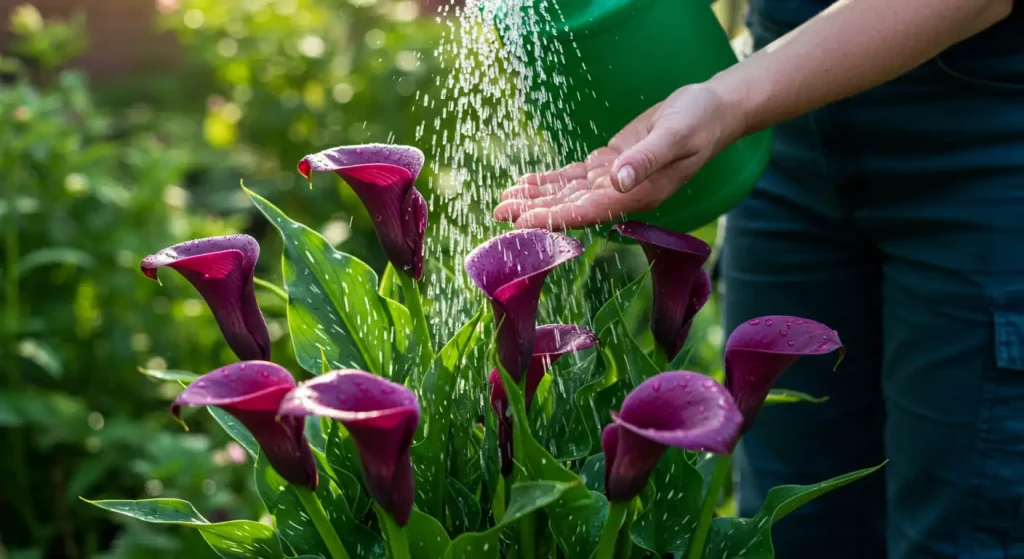 Gardener watering vibrant purple calla lilies in a sunny outdoor garden.