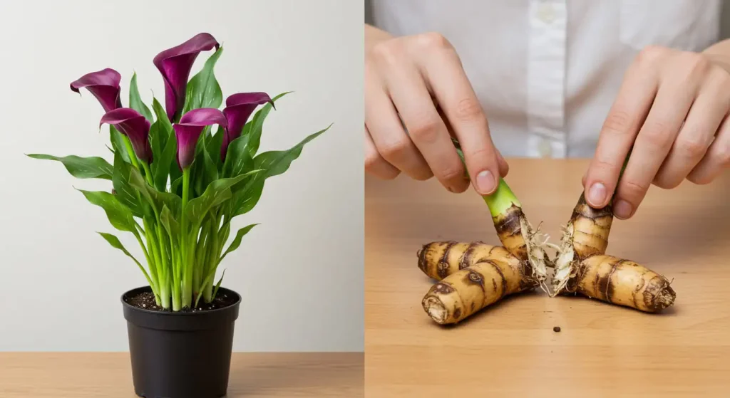 Split-view image of a potted purple calla lily and rhizomes being divided for propagation.