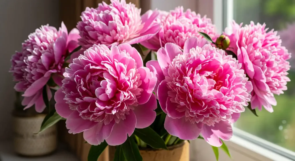 Close-up of pink peonies in a rustic vase on a sunny windowsill, symbolizing elegance and gardening inspiration.