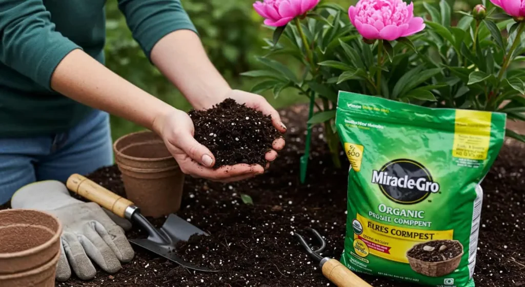 Gardener preparing nutrient-rich soil with compost for planting pink peonies.