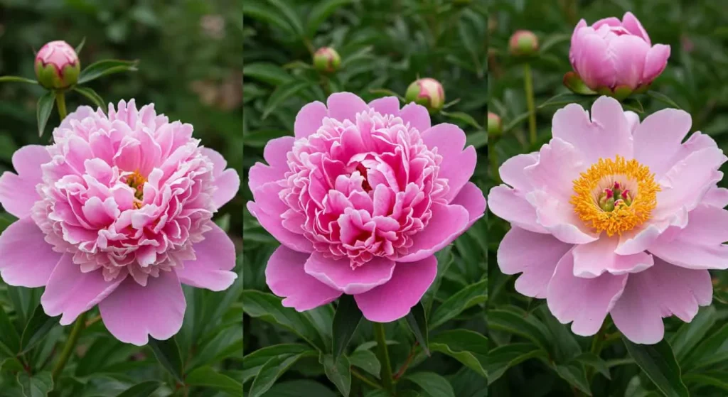 Comparison of popular pink peony varieties including 'Sarah Bernhardt,' 'Festiva Maxima,' and 'Karl Rosenfield