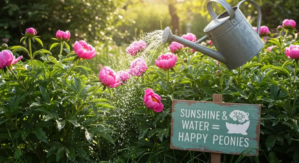 Pink peonies receiving sunlight and water in a cheerful garden setting.