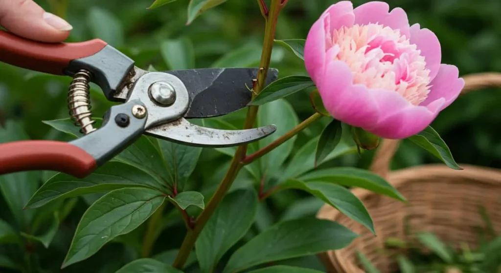 Gardener using pruning shears to trim a pink peony plant for maintenance.