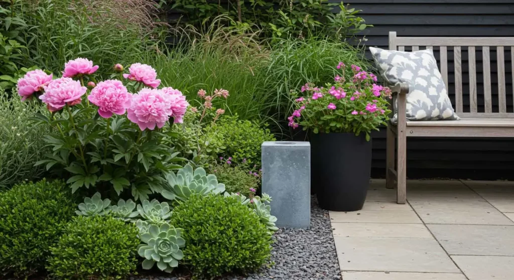 Modern garden design showcasing pink peonies paired with succulents and ornamental grasses.