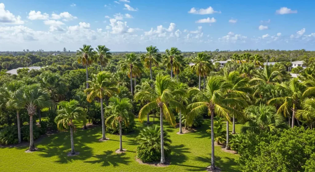 Various types of palm trees thriving in a sunny Florida garden