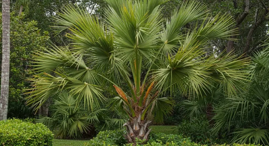 Queen palm tree standing tall in a tropical Florida garden