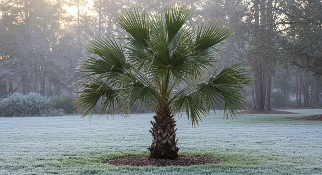 Windmill palm thriving in a North Florida garden during winter