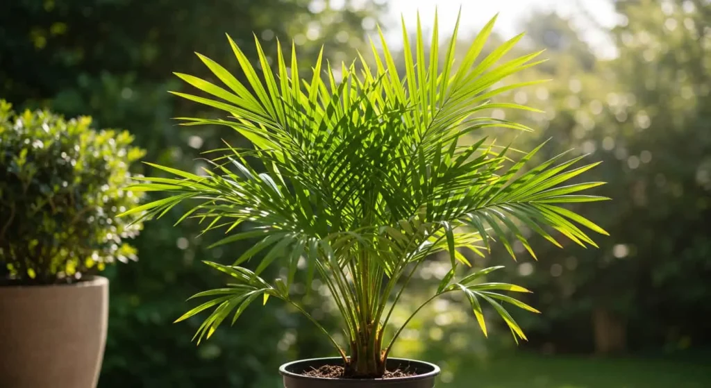 Lady palm in a pot on a shaded Florida patio