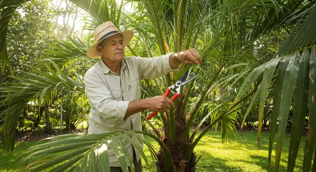 Gardener pruning a sabal palmetto in a Florida backyard