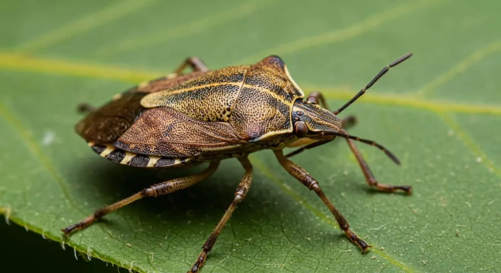 Close-up of a stink bug on a green leaf, showcasing its distinctive shield shape