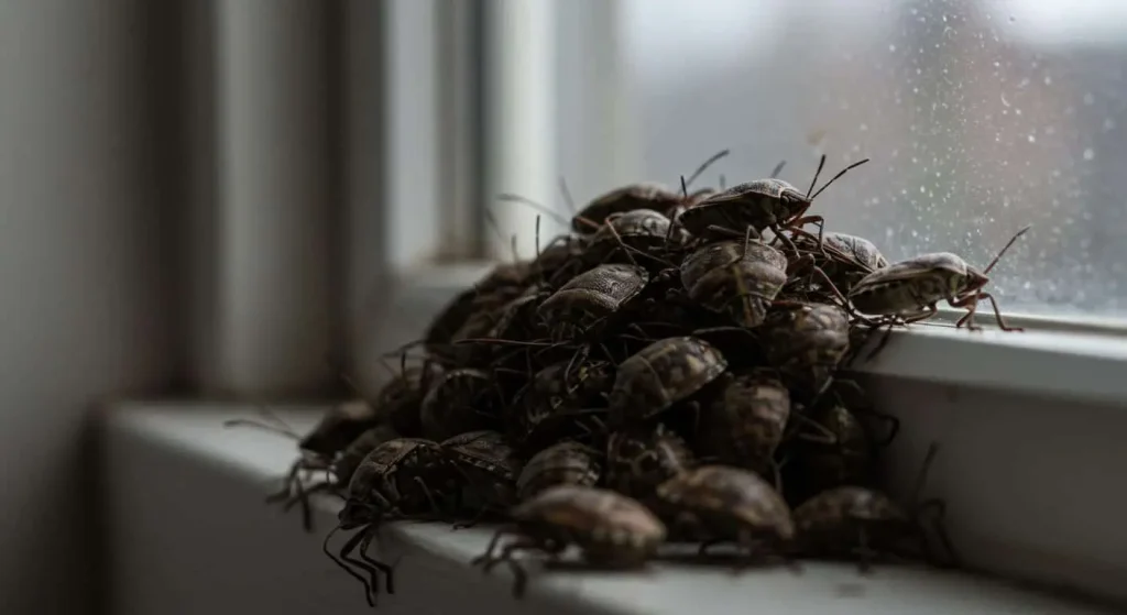 Cluster of stink bugs invading a windowsill, highlighting their tendency to gather indoors