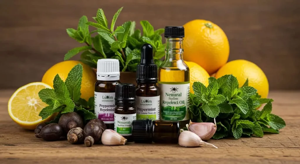 Natural stink bug repellents including peppermint oil, garlic, and neem oil on a wooden table