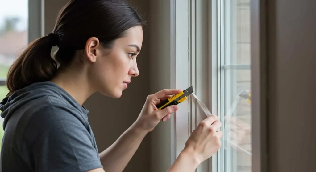 Homeowner sealing a window frame with caulk to prevent stink bug entry