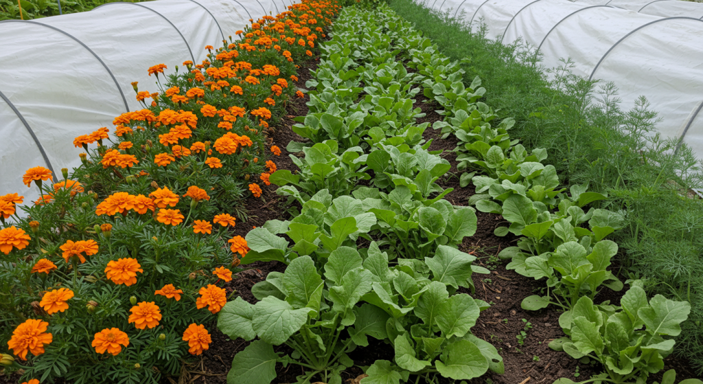 Garden with companion plants like marigolds and row covers for stink bug prevention