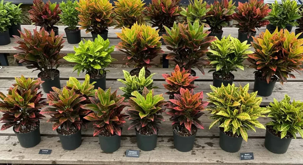 Different varieties of croton plants displayed on a table