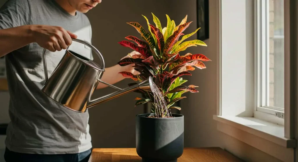 Person watering a croton plant indoors with a watering can