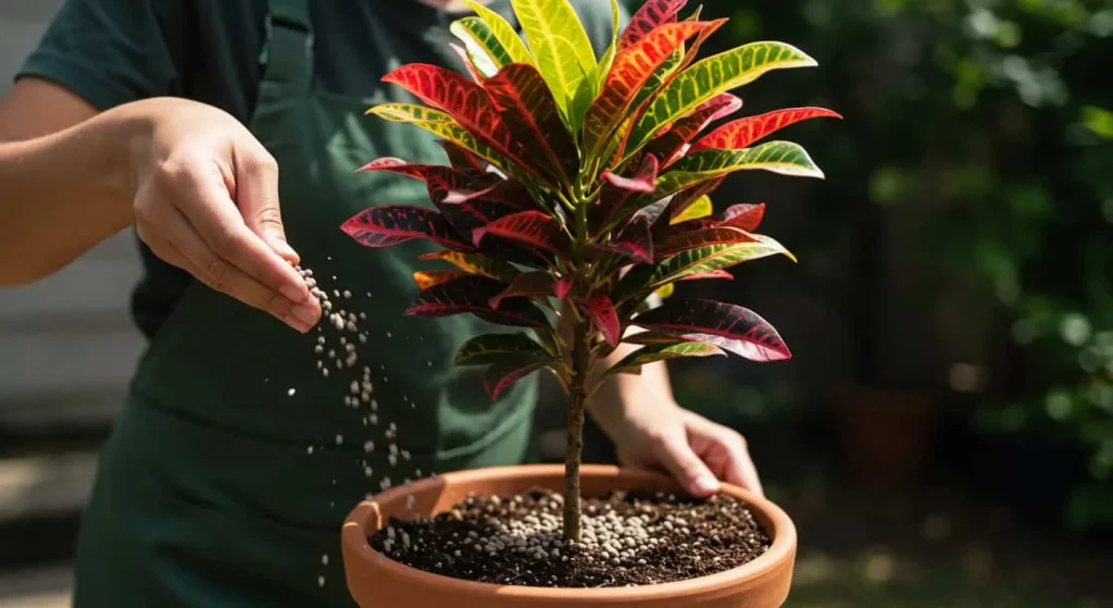 Gardener applying fertilizer to a croton plant