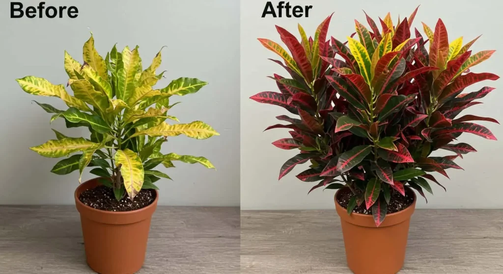 Before and after care of a croton plant with improved health