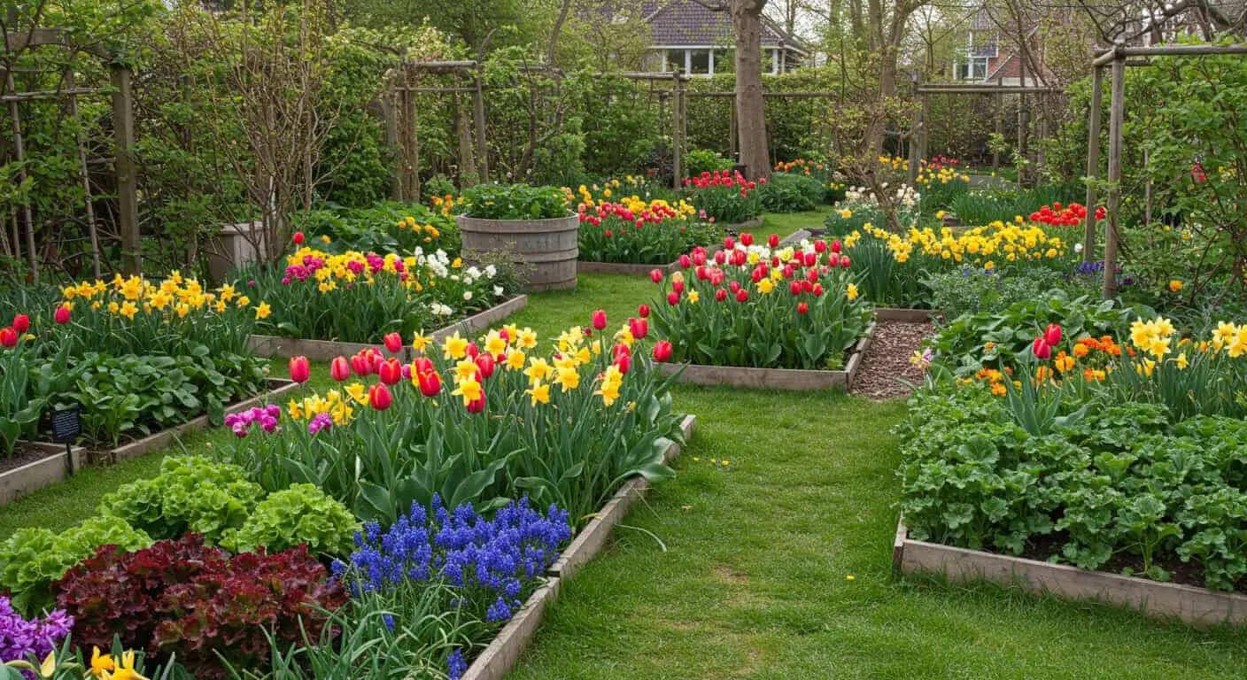 Vibrant spring garden with flowers, vegetables, and herbs